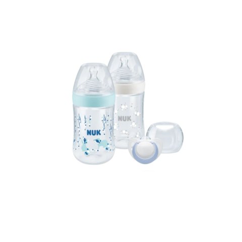 NUK Nature Sense Twin Set Butelka 260ml. ze wskaźnikiem temperatury+smoczek uspokajający Genius+pudełko niebieski