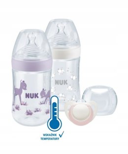 NUK Nature Sense Twin Set Butelka 260ml. ze wskaźnikiem temperatury+smoczek uspokajający Genius+pudełko róż